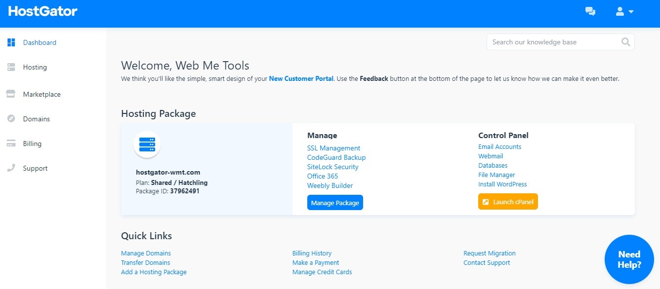 Dashboard HostGator Hosting Web Me Tools