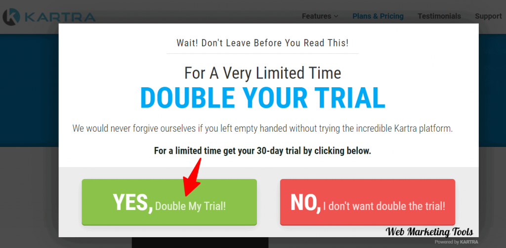 Kartra Free Trial Popup 30 Days - Double your Trial