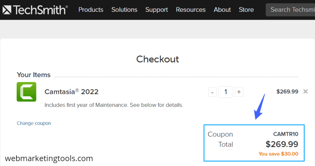 Camtasia TechSmith Checkout with Coupon CAMTR10
