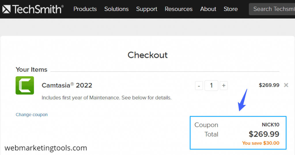 Camtasia TechSmith Checkout with Coupon NICK10
