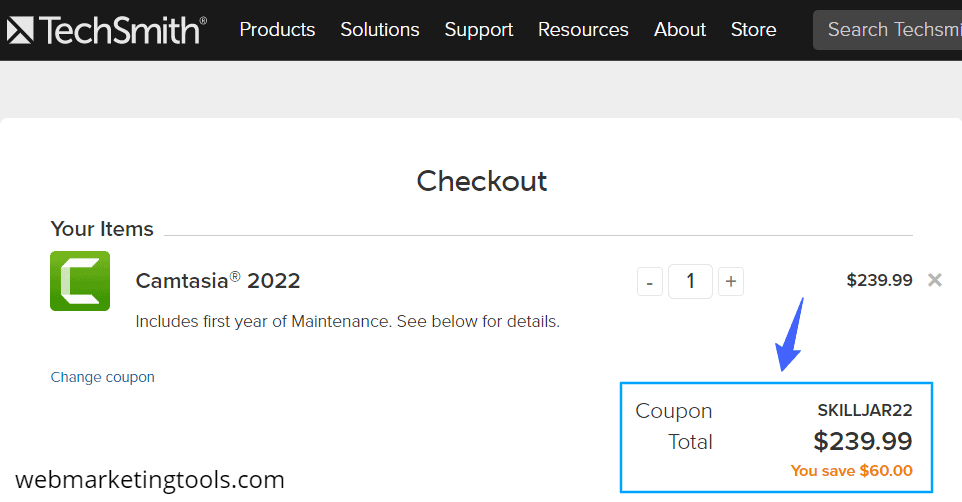 Camtasia TechSmith Checkout with Coupon SKILLJAR22