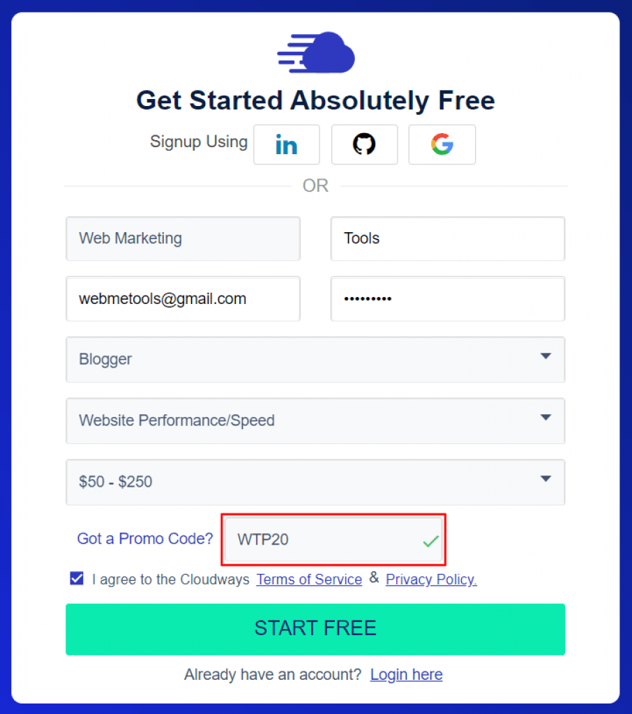 Cloudways Sign Up with WTP20 Promo Code