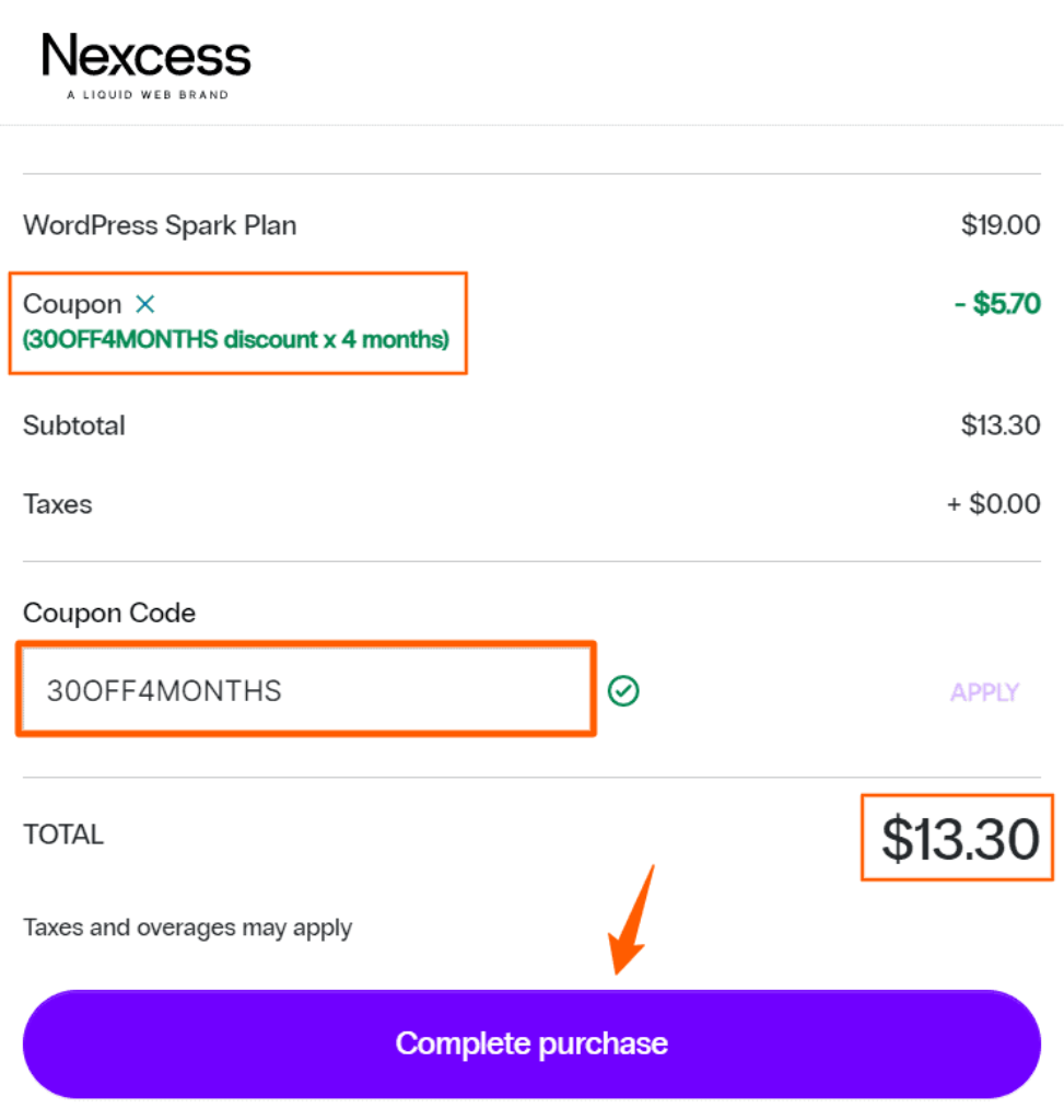 Nexcess hosting coupon checkout page