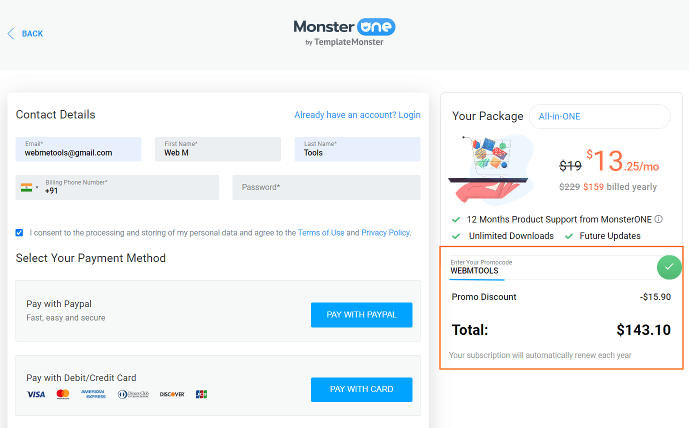 Checkout-MonsterONE-Subscription WEBMTOOLS Coupon