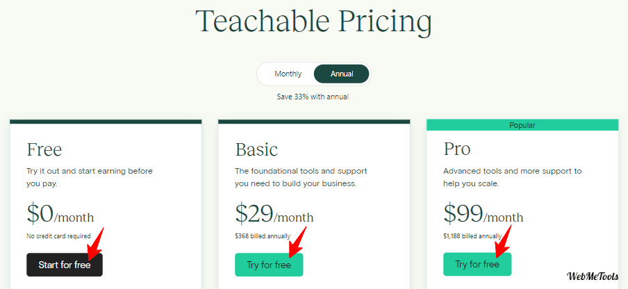 Teachable Annual Pricing Plans 