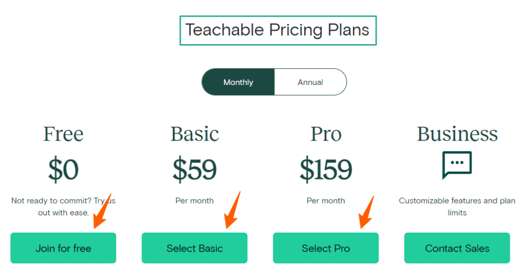 Teachable Pricing Plans Monthly