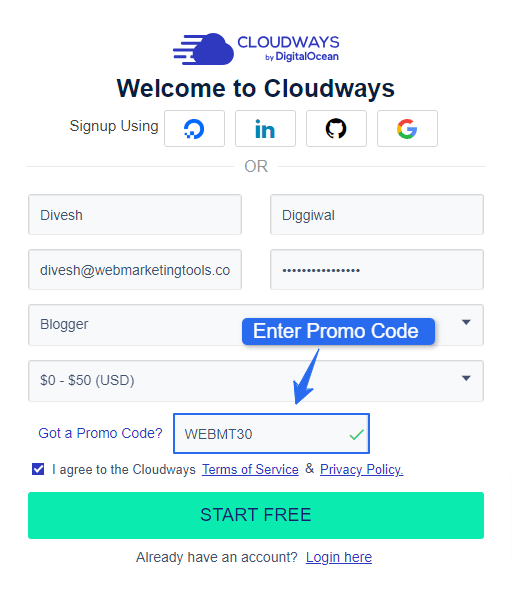 Cloudways Accont Sign Up using WEBMT30 Promo Code