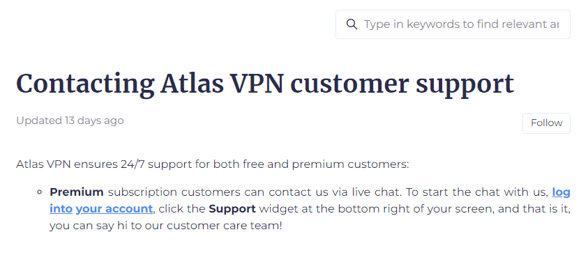 Atlas VPN Customer support 