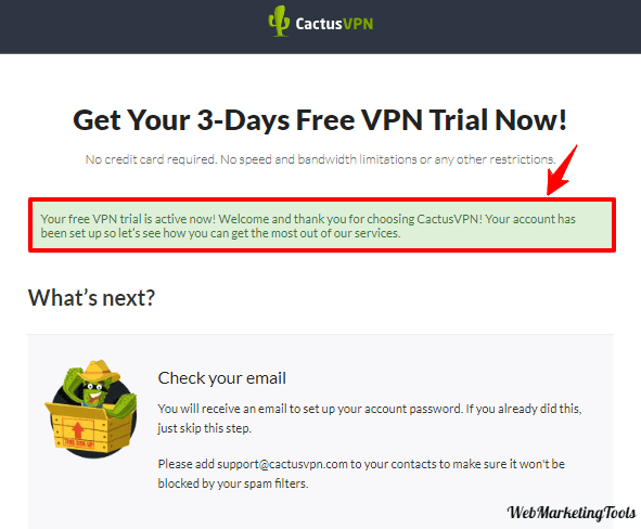 CactusVPN-confirmation for 3day trial account 