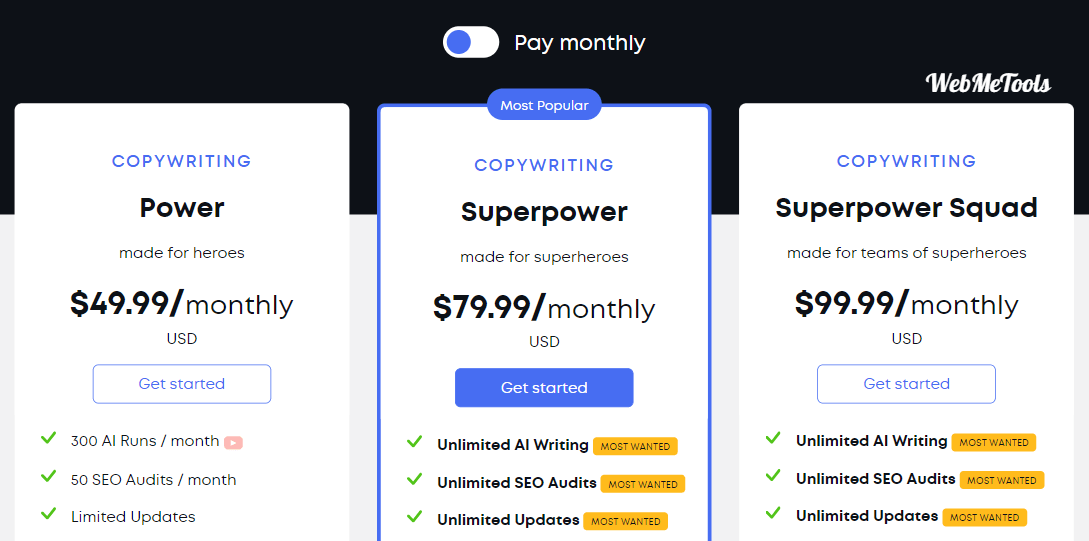 ClosersCopy Pricing Plan Monthly