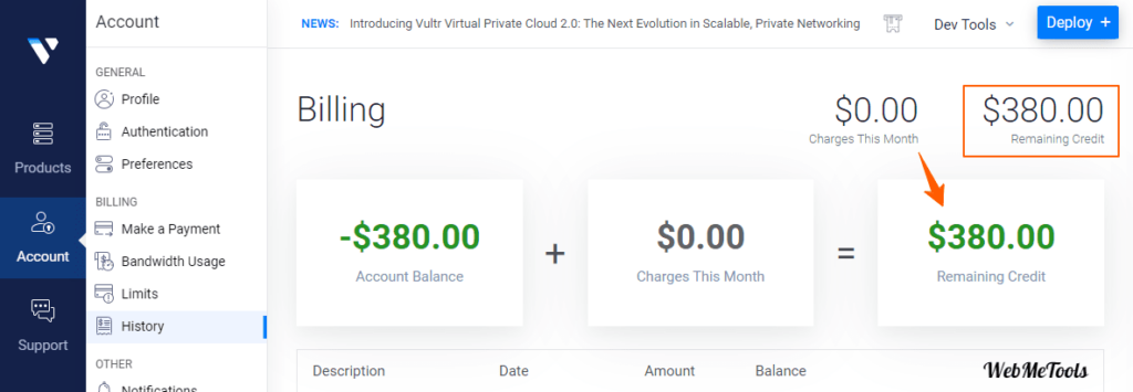 Billing Credit Vultr Account