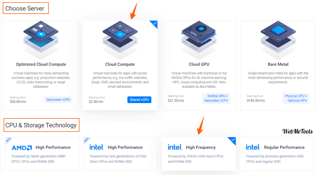 Choose a Vultr server and server technology