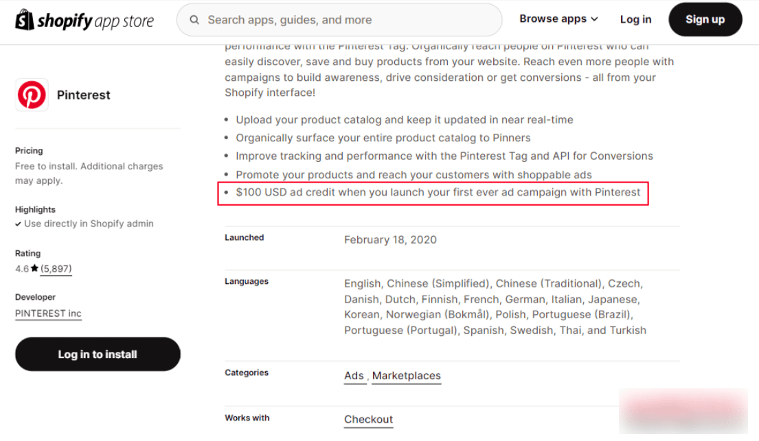 Shopify App Store For Pinterest Ads Credit