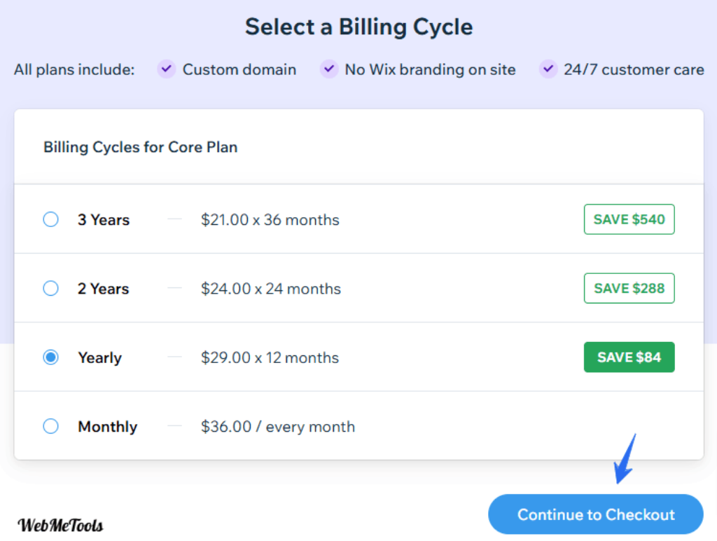 Wix Checkout - Select a Billing Cycle