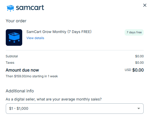 samcart grow monthly plan trial sign up