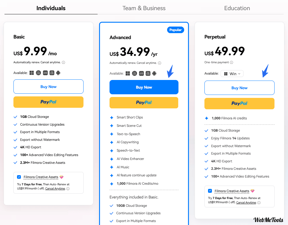 Filmora Pricing Plans 2025