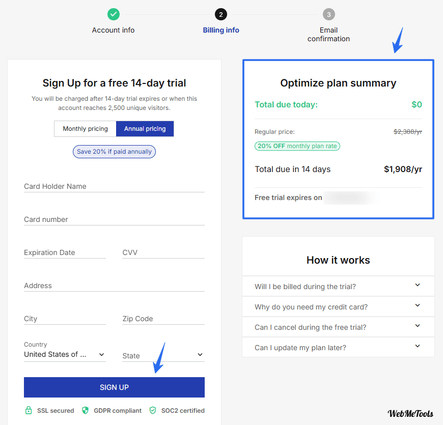 Instapage Billing Info page