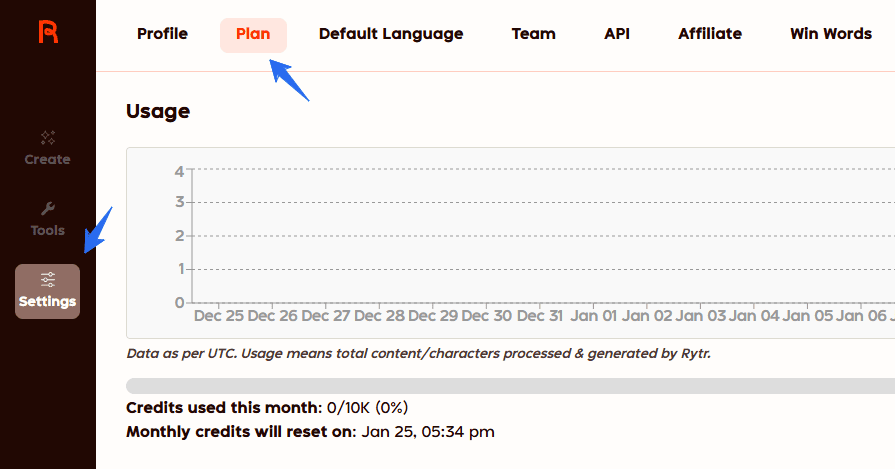 Rytr Dashboard Setting Plan