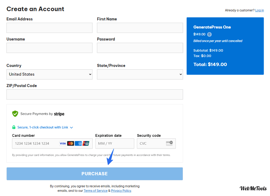 GeneratePress Checkout Page with One Plan