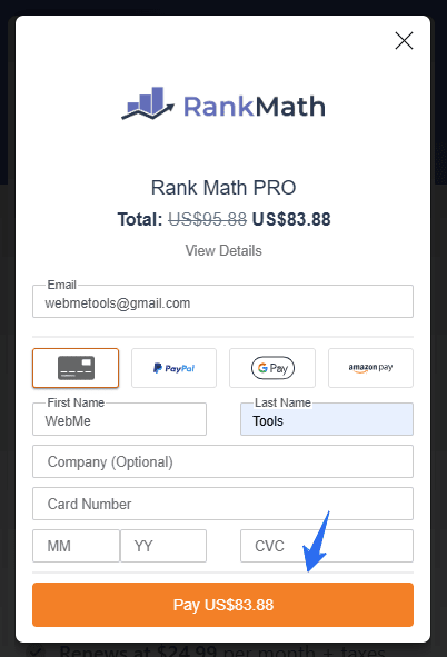 Rank Math PRO Plan Checkout